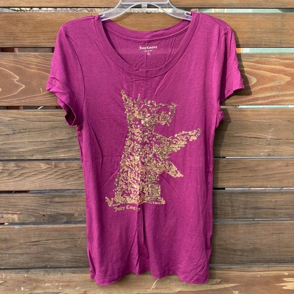 Juicy Couture Wine Red Burgundy Color Tee with Gold Sequin Dog - L - Picture 2 of 4
